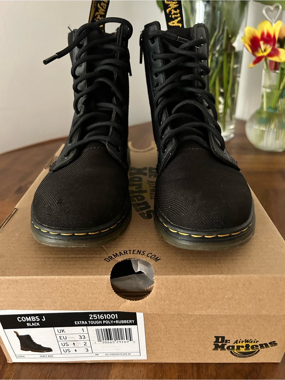 Dr. Martens Black Lace-Up Combs J Boots with Yellow Stitching Detail